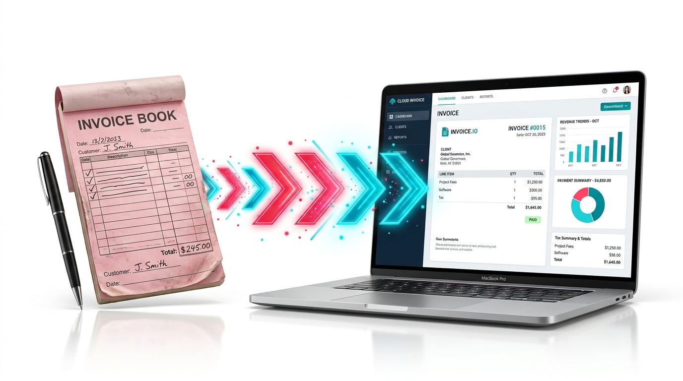 Traditional Paper Invoice Book to Modern Adwise Accounts Cloud Invoicing Laptop