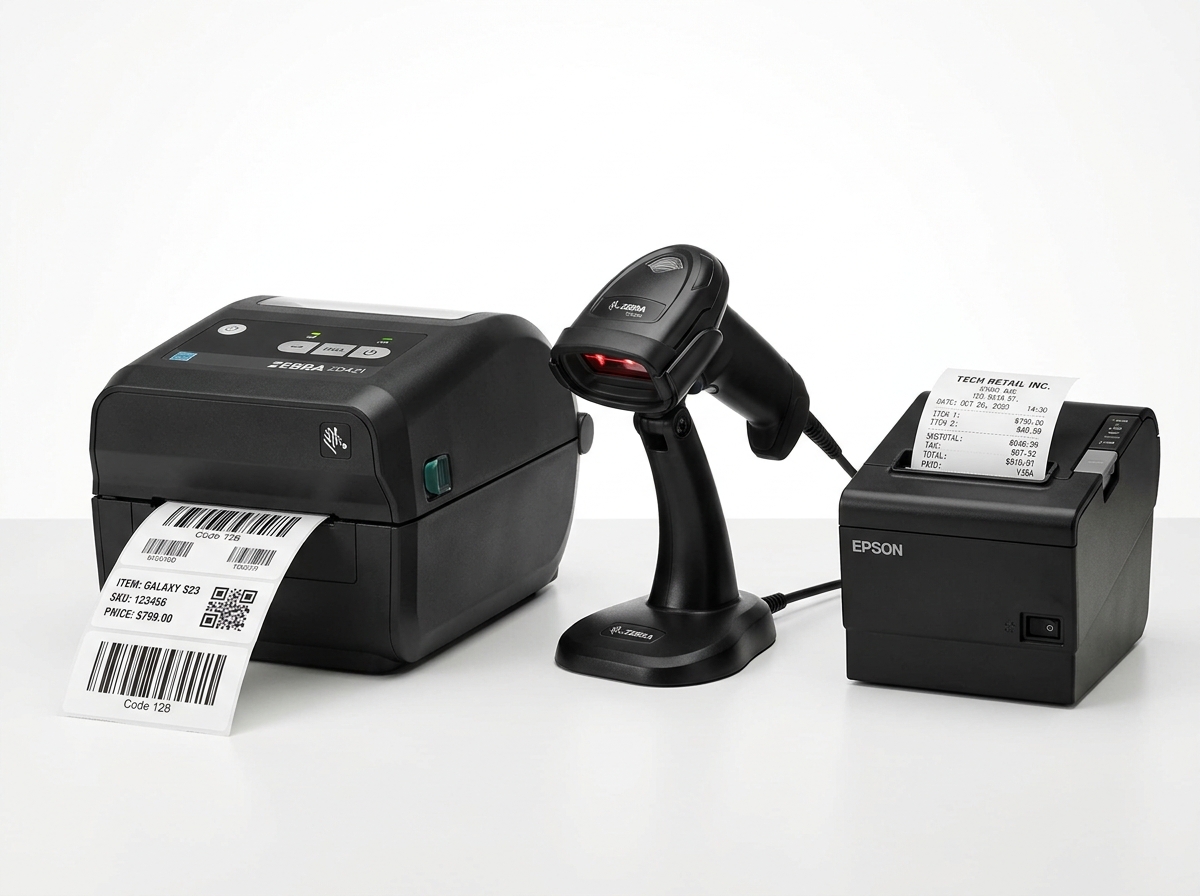 POS Hardware Package: Barcode Printer, Handheld Scanner, and Thermal Receipt Printer